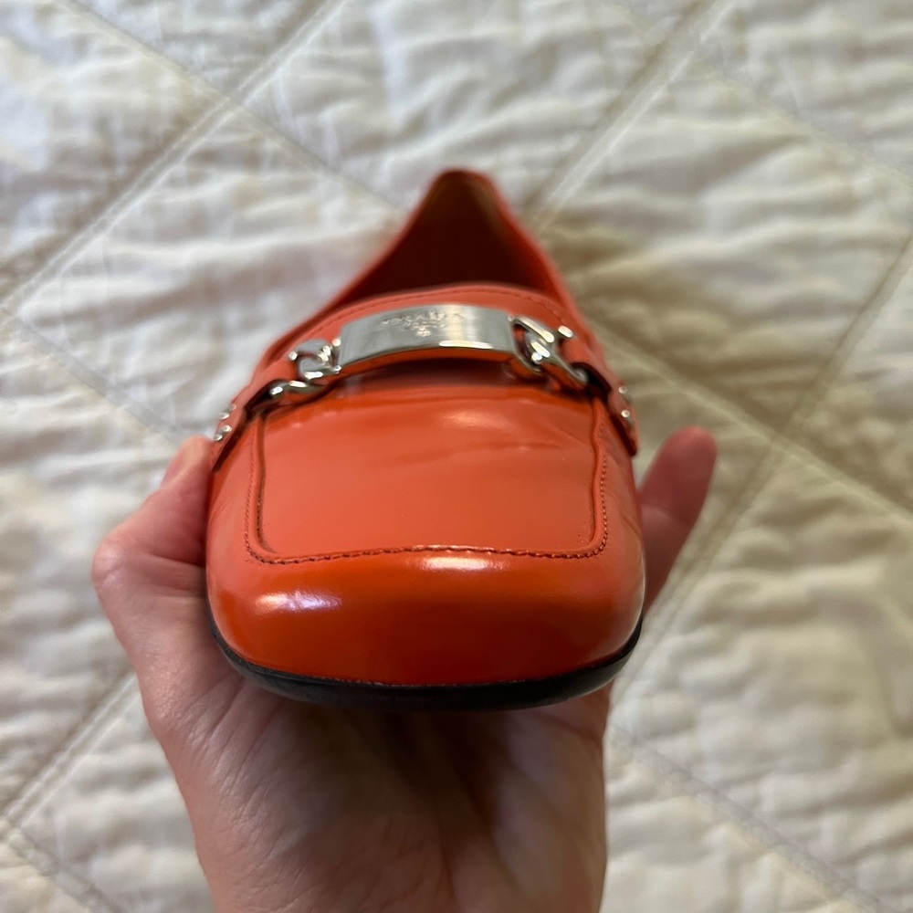 Prada Orange Leather Loafers with Silver Hardware - Picture 15 of 16
